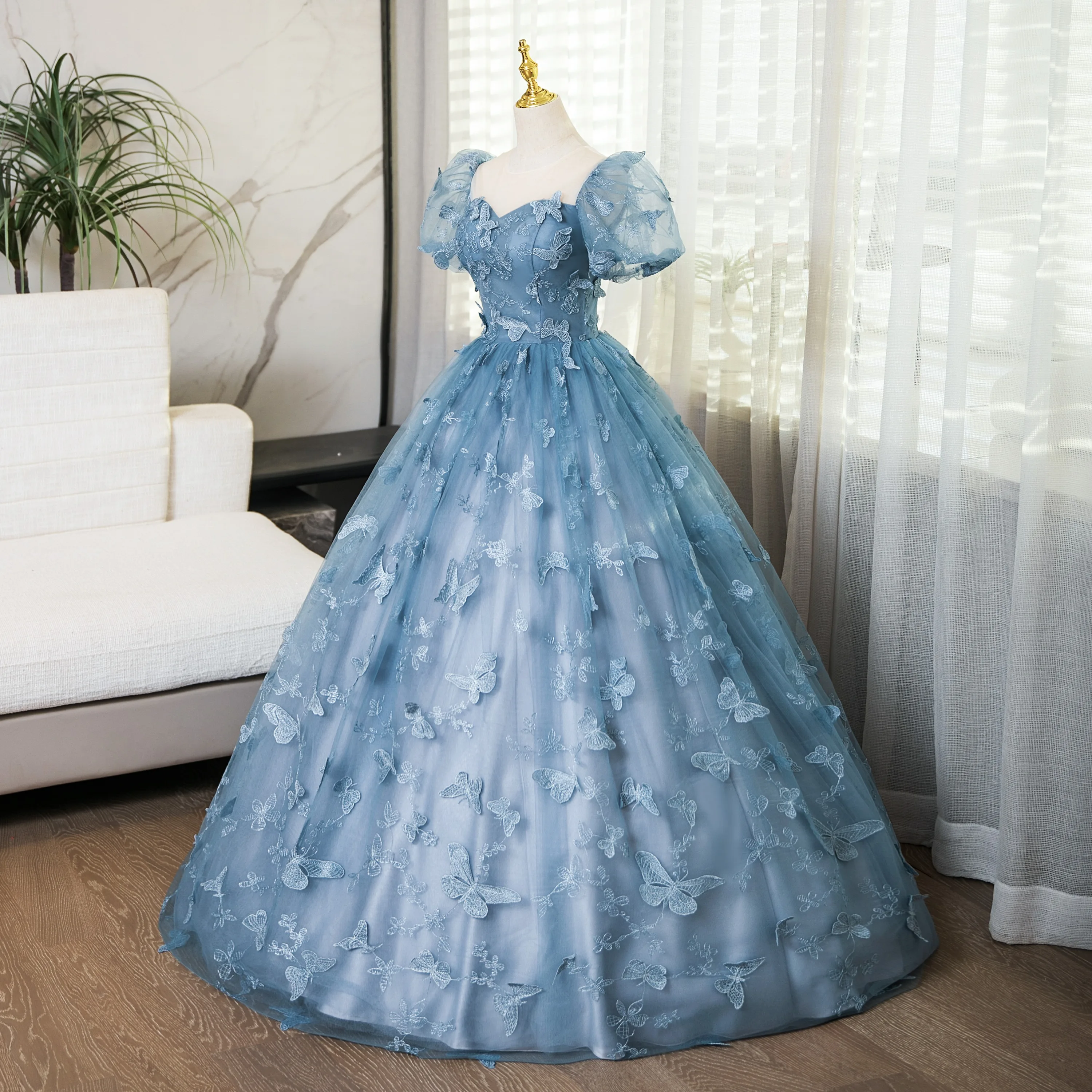 chinese dress ladies Chic A-line V neck Lace Long Prom Dresses Elegant Blue Evening Dress sew0207 main image 0