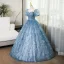 Elegant Pool Blue Lace Butterfly Prom Dresses 2024 Ball Gown Square Neckline Puffy Short Sleeve Backless Floor-Length / Long Prom Formal Dresses