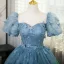 Elegant Pool Blue Lace Butterfly Prom Dresses 2024 Ball Gown Square Neckline Puffy Short Sleeve Backless Floor-Length / Long Prom Formal Dresses