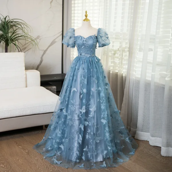 Elegant Pool Blue Lace Butterfly Prom Dresses 2024 Ball Gown Square Neckline Puffy Short Sleeve Backless Floor-Length / Long Prom Formal Dresses