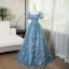 Elegant Pool Blue Lace Butterfly Prom Dresses 2024 Ball Gown Square Neckline Puffy Short Sleeve Backless Floor-Length / Long Prom Formal Dresses