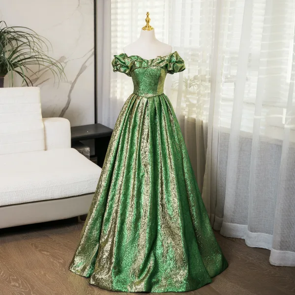 Bling Bling Vert Paillettes Robe De Bal 2024 Robe Boule De l'épaule Manches Courtes Dos Nu Longue Promo Robe De Ceremonie
