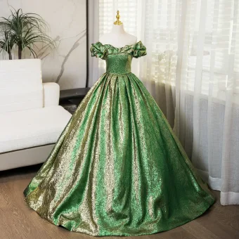 Bling Bling Vert Paillettes Robe De Bal 2024 Robe Boule De L Épaule Manches Courtes Dos Nu Longue Promo Robe De Ceremonie