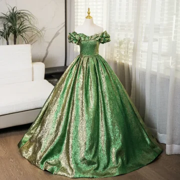 Bling Bling Vert Paillettes Robe De Bal 2024 Robe Boule De L Épaule Manches Courtes Dos Nu Longue Promo Robe De Ceremonie