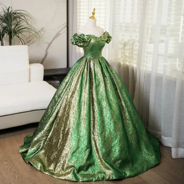 Bling Bling Vert Paillettes Robe De Bal 2024 Robe Boule De l'épaule Manches Courtes Dos Nu Longue Promo Robe De Ceremonie