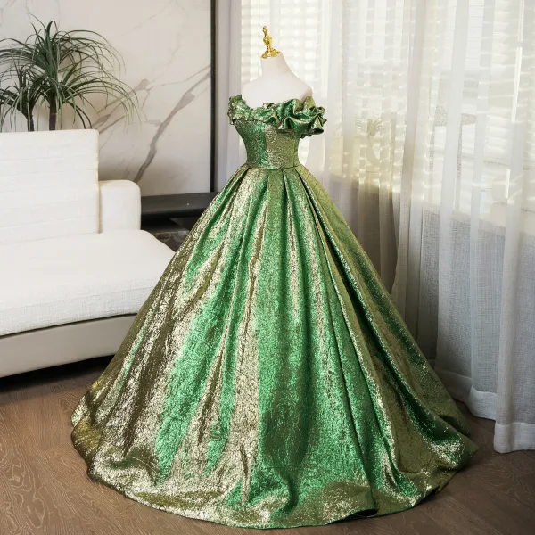 Bling Bling Vert Paillettes Robe De Bal 2024 Robe Boule De l'épaule Manches Courtes Dos Nu Longue Promo Robe De Ceremonie