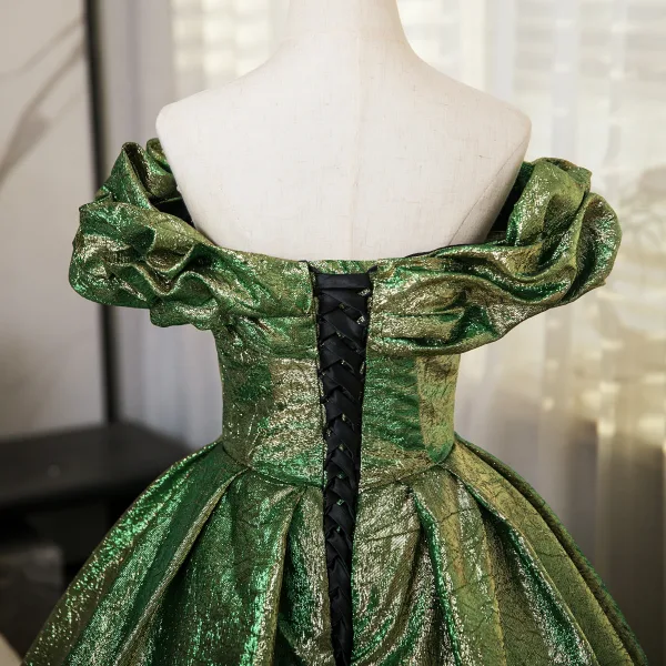 Bling Bling Vert Paillettes Robe De Bal 2024 Robe Boule De l'épaule Manches Courtes Dos Nu Longue Promo Robe De Ceremonie