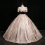 Elegant Blushing Pink Glitter Pearl Prom Dresses 2024 Ball Gown Square Neckline Puffy Short Sleeve Backless Floor-Length / Long Prom Formal Dresses