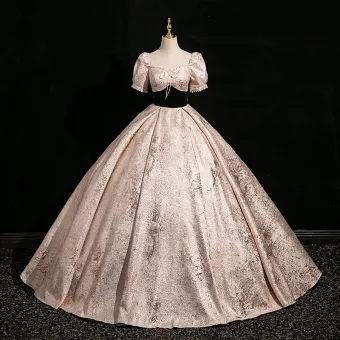 Elegant Rødmende Rosa Glitter Perle Ballkjoler 2024 Ballkjole Firkantet Hals Puffy Korte Ermer Ryggløse Lange Ball Formelle Kjoler