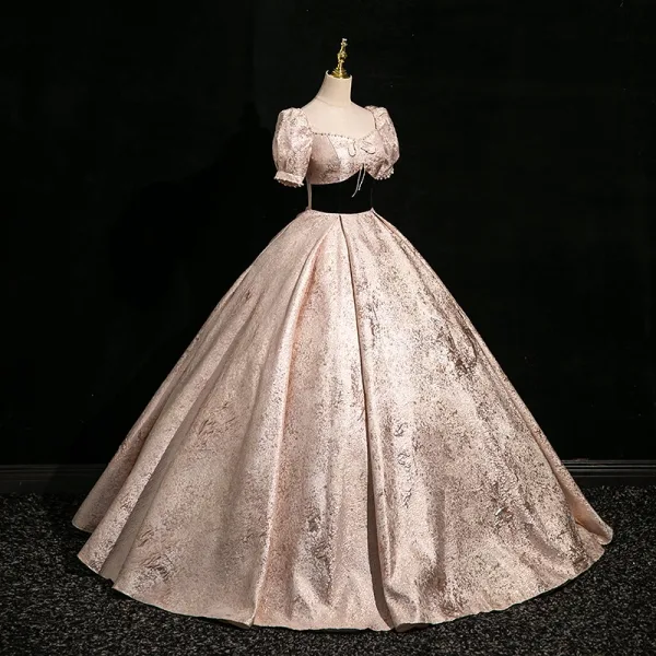 Elegant Blushing Pink Glitter Pearl Prom Dresses 2024 Ball Gown Square Neckline Puffy Short Sleeve Backless Floor-Length / Long Prom Formal Dresses