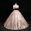 Elegant Blushing Pink Glitter Pearl Prom Dresses 2024 Ball Gown Square Neckline Puffy Short Sleeve Backless Floor-Length / Long Prom Formal Dresses