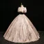 Elegant Blushing Pink Glitter Pearl Prom Dresses 2024 Ball Gown Square Neckline Puffy Short Sleeve Backless Floor-Length / Long Prom Formal Dresses