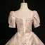 Elegant Blushing Pink Glitter Pearl Prom Dresses 2024 Ball Gown Square Neckline Puffy Short Sleeve Backless Floor-Length / Long Prom Formal Dresses