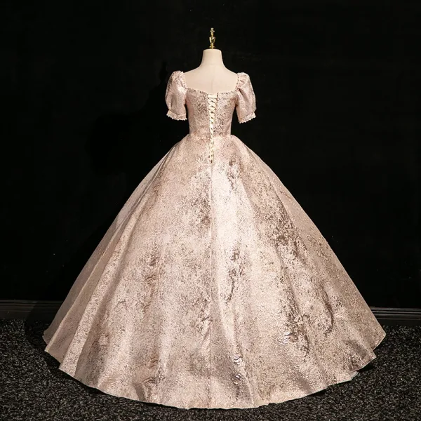 Elegant Blushing Pink Glitter Pearl Prom Dresses 2024 Ball Gown Square Neckline Puffy Short Sleeve Backless Floor-Length / Long Prom Formal Dresses