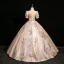 Elegant Blushing Pink Glitter Pearl Prom Dresses 2024 Ball Gown Square Neckline Puffy Short Sleeve Backless Floor-Length / Long Prom Formal Dresses