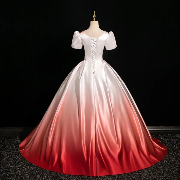 Vintage / Retro Gradient-Color Embroidered Prom Dresses 2024 Ball Gown Scoop Neck Short Sleeve Backless Floor-Length / Long Prom Formal Dresses