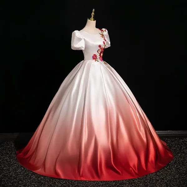 Vintage / Retro Gradient-Color Embroidered Prom Dresses 2024 Ball Gown Scoop Neck Short Sleeve Backless Floor-Length / Long Prom Formal Dresses