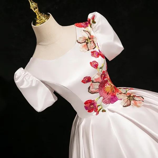 Vintage / Retro Gradient-Color Embroidered Prom Dresses 2024 Ball Gown Scoop Neck Short Sleeve Backless Floor-Length / Long Prom Formal Dresses