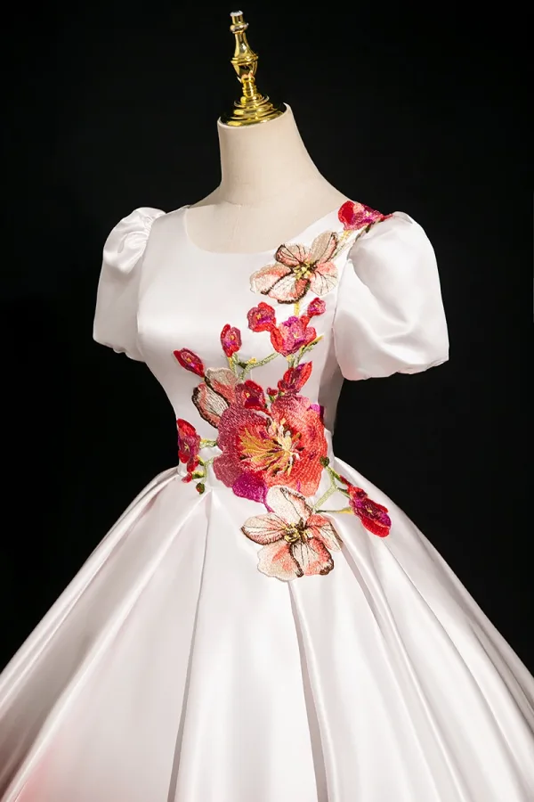 Vintage / Retro Gradient-Color Embroidered Prom Dresses 2024 Ball Gown Scoop Neck Short Sleeve Backless Floor-Length / Long Prom Formal Dresses