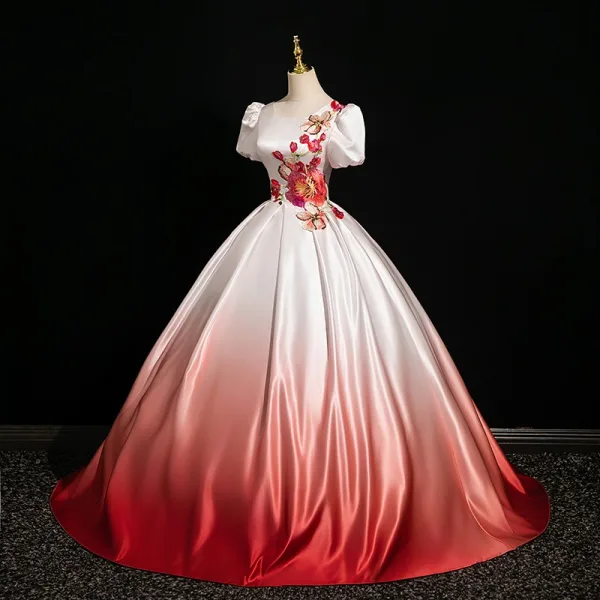 Vintage / Retro Gradient-Color Embroidered Prom Dresses 2024 Ball Gown Scoop Neck Short Sleeve Backless Floor-Length / Long Prom Formal Dresses