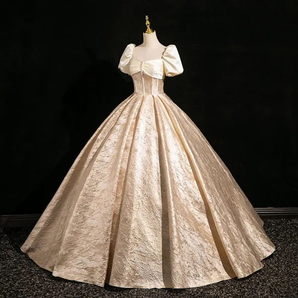 Elegant Gold Ball Gown Prom Dresses 2024 Square Neckline Short Sleeve Backless Floor-Length / Long Prom Formal Dresses