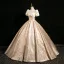 Elegant Gold Ball Gown Prom Dresses 2024 Square Neckline Short Sleeve Backless Floor-Length / Long Prom Formal Dresses