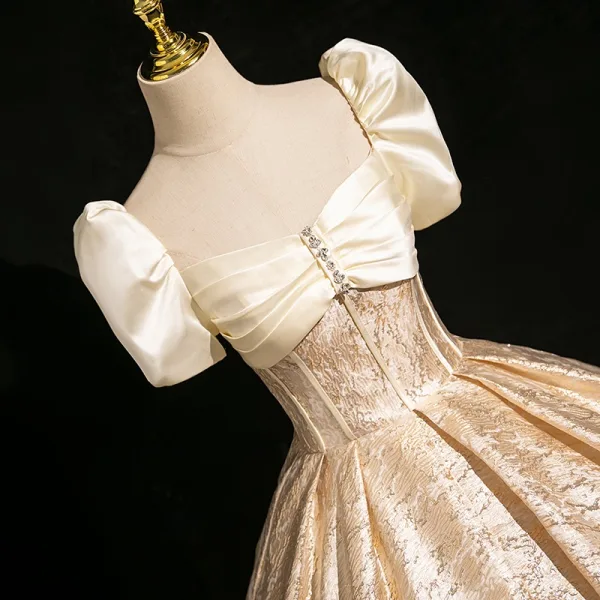 Elegant Gold Ball Gown Prom Dresses 2024 Square Neckline Short Sleeve Backless Floor-Length / Long Prom Formal Dresses