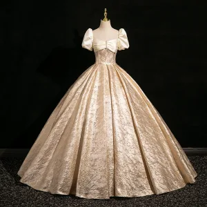 Élégant Doré Robe Boule Robe De Bal 2024 Encolure Carrée Manches Courtes Dos Nu Longue Promo Robe De Ceremonie