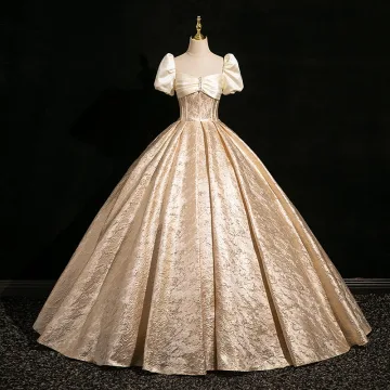Elegant Gold Ball Gown Prom Dresses 2024 Square Neckline Short Sleeve Backless Floor Length Long Prom Formal Dresses