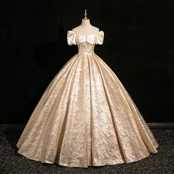 Elegant Gold Ball Gown Prom Dresses 2024 Square Neckline Short Sleeve Backless Floor-Length / Long Prom Formal Dresses