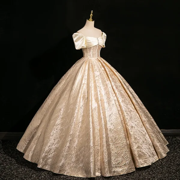 Elegant Gold Ball Gown Prom Dresses 2024 Square Neckline Short Sleeve Backless Floor-Length / Long Prom Formal Dresses