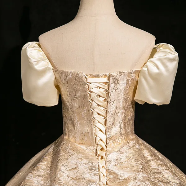 Elegant Gold Ball Gown Prom Dresses 2024 Square Neckline Short Sleeve Backless Floor-Length / Long Prom Formal Dresses