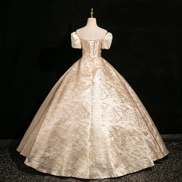 Elegant Gold Ball Gown Prom Dresses 2024 Square Neckline Short Sleeve Backless Floor-Length / Long Prom Formal Dresses