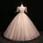 Charming Blushing Pink Appliques Sequins Prom Dresses 2024 Ball Gown Square Neckline Short Sleeve Backless Floor-Length / Long Prom Formal Dresses