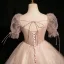 Charming Blushing Pink Appliques Sequins Prom Dresses 2024 Ball Gown Square Neckline Short Sleeve Backless Floor-Length / Long Prom Formal Dresses
