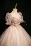 Charming Blushing Pink Appliques Sequins Prom Dresses 2024 Ball Gown Square Neckline Short Sleeve Backless Floor-Length / Long Prom Formal Dresses