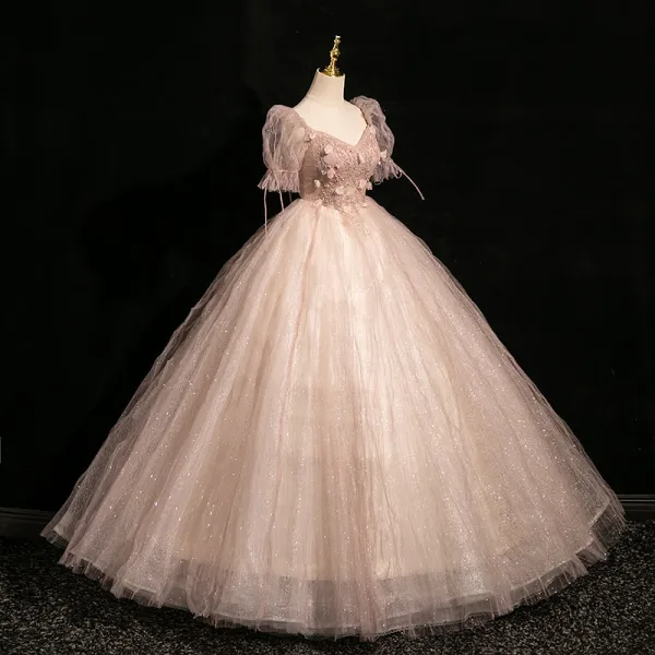 Charming Blushing Pink Appliques Sequins Prom Dresses 2024 Ball Gown Square Neckline Short Sleeve Backless Floor-Length / Long Prom Formal Dresses