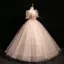 Charming Blushing Pink Appliques Sequins Prom Dresses 2024 Ball Gown Square Neckline Short Sleeve Backless Floor-Length / Long Prom Formal Dresses