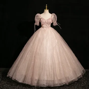 Charming Blushing Pink Appliques Sequins Prom Dresses 2024 Ball Gown Square Neckline Short Sleeve Backless Floor Length Long Prom Formal Dresses