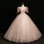 Charming Blushing Pink Appliques Sequins Prom Dresses 2024 Ball Gown Square Neckline Short Sleeve Backless Floor-Length / Long Prom Formal Dresses
