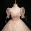 Charming Blushing Pink Appliques Sequins Prom Dresses 2024 Ball Gown Square Neckline Short Sleeve Backless Floor-Length / Long Prom Formal Dresses
