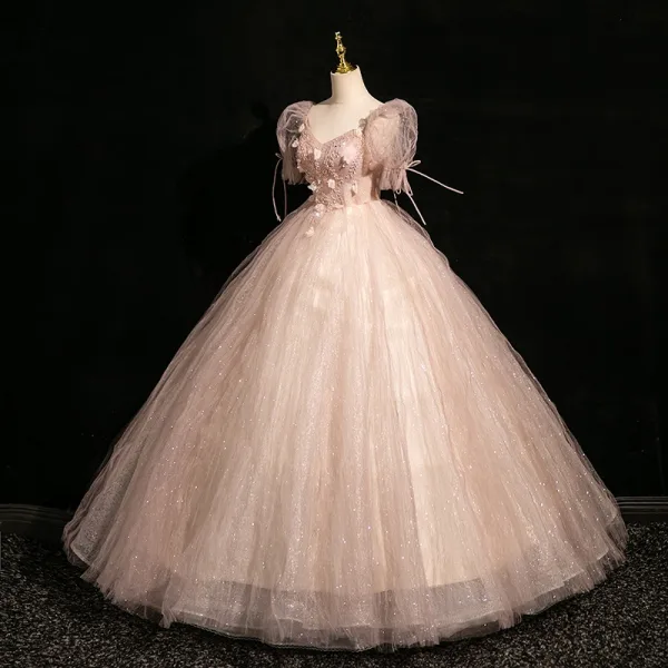 Charming Blushing Pink Appliques Sequins Prom Dresses 2024 Ball Gown Square Neckline Short Sleeve Backless Floor-Length / Long Prom Formal Dresses