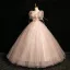 Charming Blushing Pink Appliques Sequins Prom Dresses 2024 Ball Gown Square Neckline Short Sleeve Backless Floor-Length / Long Prom Formal Dresses