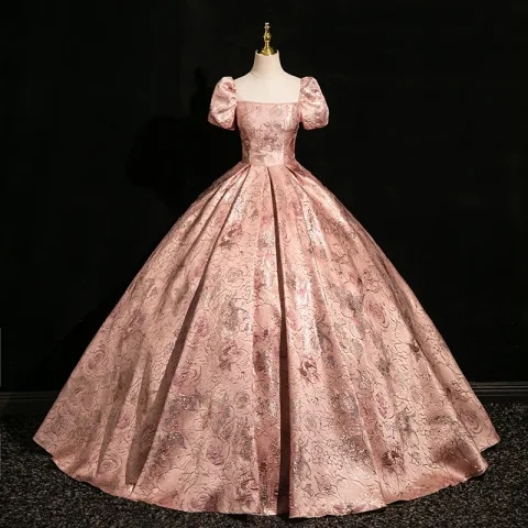 Elegante Pink Drucken Ballkleid Ballkleider 2024 Eckiger Ausschnitt Kurze Ärmel Rückenfreies Lange Ball Festliche Kleider