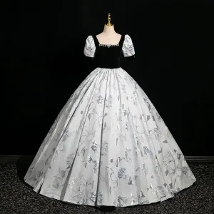 Elegant Grey Rhinestone Printing Prom Dresses Ball Gown 2024 Square Neckline Short Sleeve Backless Floor Length Long Prom Formal Dresses