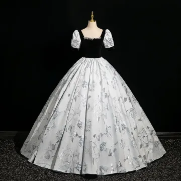 Elegant Grey Rhinestone Printing Prom Dresses Ball Gown 2024 Square Neckline Short Sleeve Backless Floor Length Long Prom Formal Dresses
