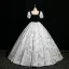 Élégant Gris Faux Diamant Impression Robe De Bal Robe Boule 2024 Encolure Carrée Manches Courtes Dos Nu Longue Promo Robe De Ceremonie