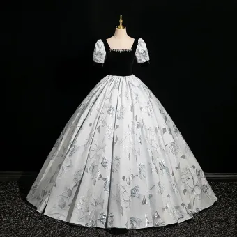Elegant Grå Rhinestone Printing Ballkjoler Ballkjole 2024 Firkantet Hals Korte Ermer Ryggløse Lange Ball Formelle Kjoler