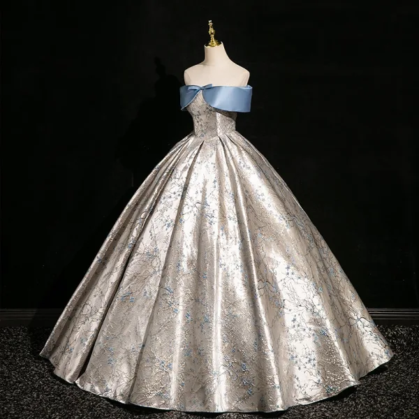 Fashion Sky Blue Printing Satin Prom Dresses 2024 Ball Gown Off-The-Shoulder Bow Short Sleeve Backless Floor-Length / Long Prom Formal Dresses