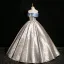 Fashion Sky Blue Printing Satin Prom Dresses 2024 Ball Gown Off-The-Shoulder Bow Short Sleeve Backless Floor-Length / Long Prom Formal Dresses